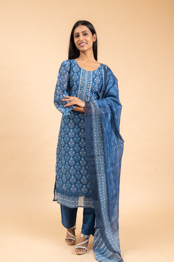 Blue Chanderi Cotton Kurti And Pant With Dupatta