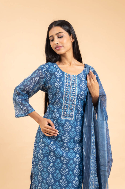 Blue Chanderi Cotton Kurti And Pant With Dupatta