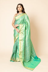 Emrl Green Banarasi Woven Zari Saree With Unstitched Blouse