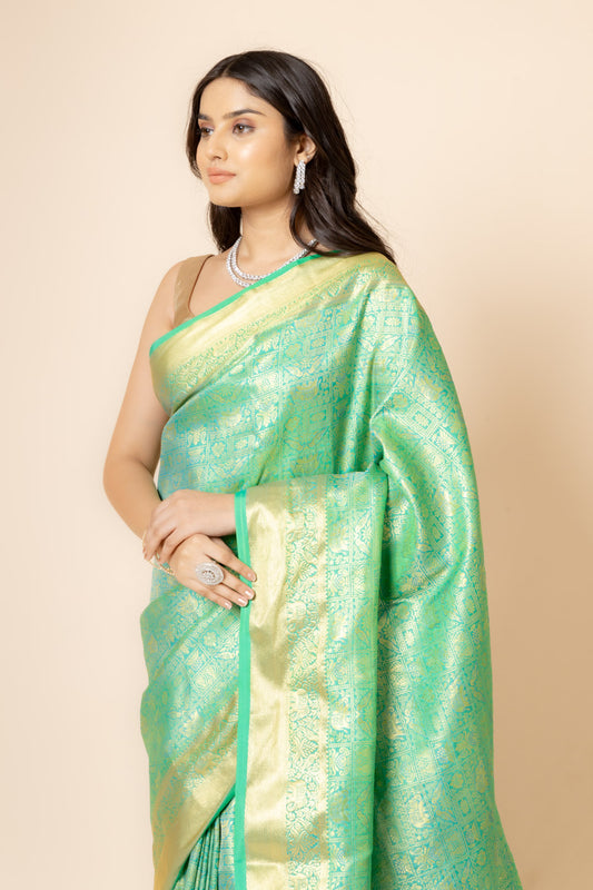 Emrl Green Banarasi Woven Zari Saree With Unstitched Blouse