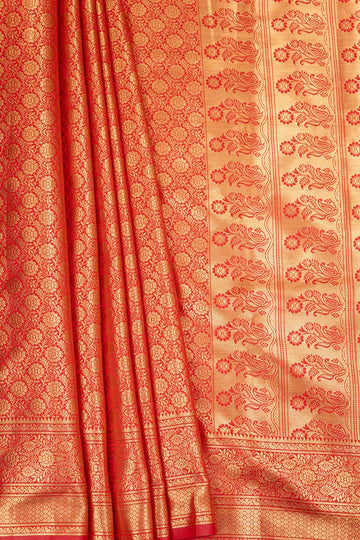 Red South Indian Silk Woven Zari Saree With Unstitched Blouse