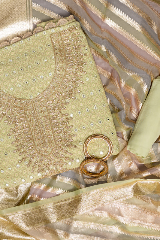 Pista Georgette Unstitched Suit With Organza Dupatta