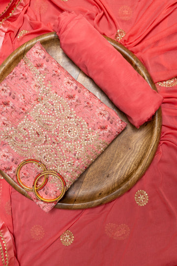 Rose Pink Chanderi Cotton Unstitched Suit With Georgette Dupatta