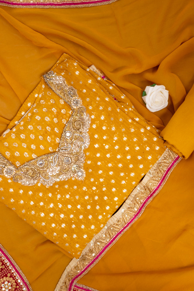 Mustard Georgette Embroidered Unstitched Suit With Dupatta