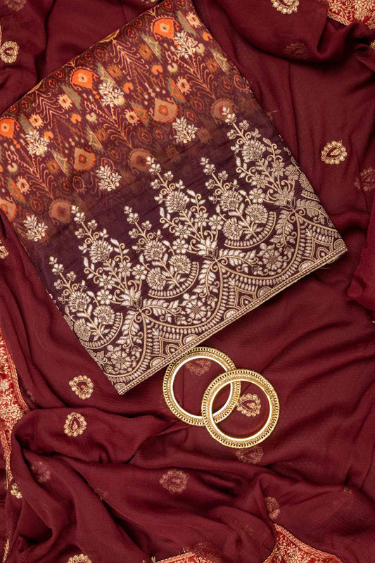 Garnet Crepe Unstitched Suit And Dupatta With Woven Zari