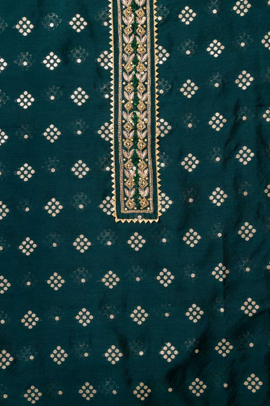 Bottle Green Cotton Embroidered Unstitched Suit With Dupatta