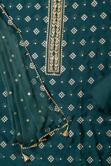 Bottle Green Cotton Embroidered Unstitched Suit With Dupatta