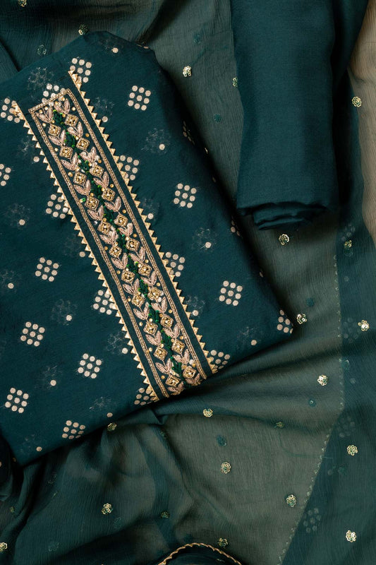 Bottle Green Cotton Embroidered Unstitched Suit With Dupatta