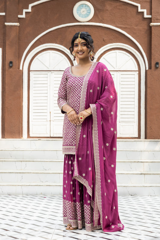 Wine Chinon Readymade Sharara Set With Chinon Dupatta