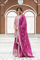 Wine Chinon Readymade Sharara Set With Chinon Dupatta