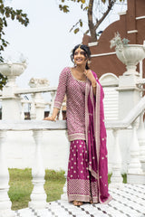 Wine Chinon Readymade Sharara Set With Chinon Dupatta