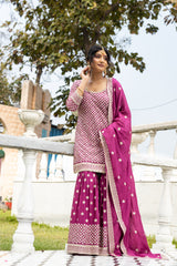 Wine Chinon Readymade Sharara Set With Chinon Dupatta