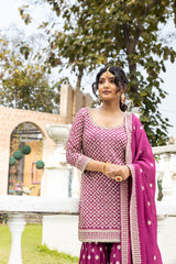 Wine Chinon Readymade Sharara Set With Chinon Dupatta