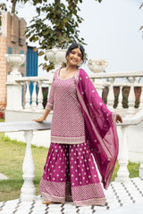 Wine Chinon Readymade Sharara Set With Chinon Dupatta