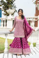 Wine Chinon Readymade Sharara Set With Chinon Dupatta