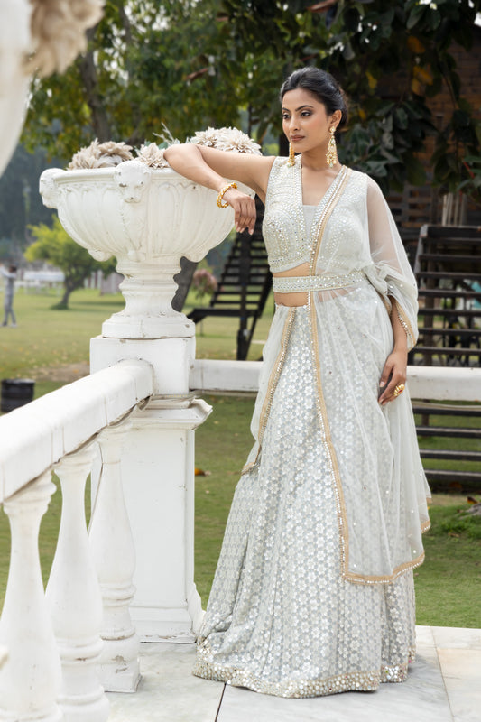 Grey Georgette Lehenga Set And Net Dupatta With Readymade Blouse