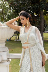 Grey Georgette Lehenga Set And Net Dupatta With Readymade Blouse