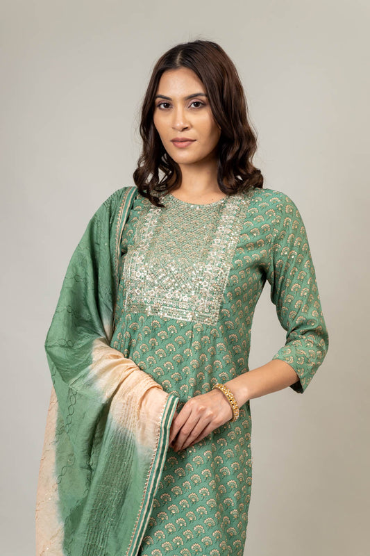 Pista Cotton Kurti And Pant With Cotton Dupatta