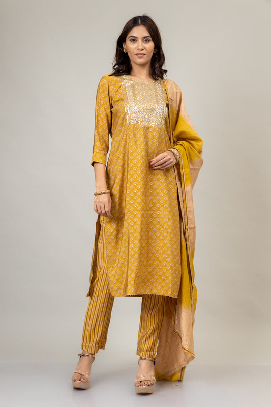 Mustard Cotton Kurti And Pant With Cotton Dupatta