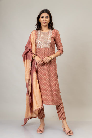 Onion Cotton Readymade Suit And Pant With Cotton Dupatta