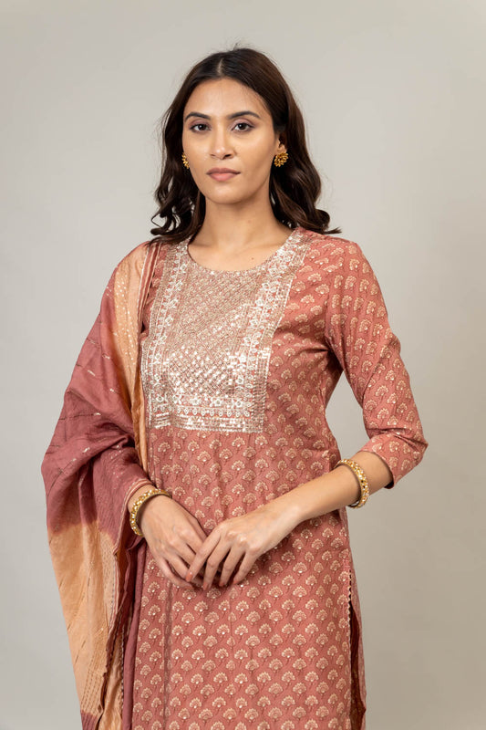 Onion Cotton Readymade Suit And Pant With Cotton Dupatta