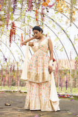 Off White Dolna Readymade Sharara Set With Chinon Dupatta