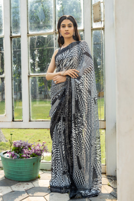 Black White Net Embroidered Sequence Saree With Unstitched Blouse