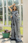 Black White Net Embroidered Sequence Saree With Unstitched Blouse