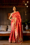 Coral Banarasi Woven Zari Saree With Unstitched Blouse