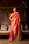 Coral Banarasi Woven Zari Saree With Unstitched Blouse