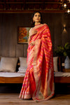 Coral Banarasi Woven Zari Saree With Unstitched Blouse