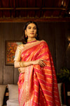 Coral Banarasi Woven Zari Saree With Unstitched Blouse