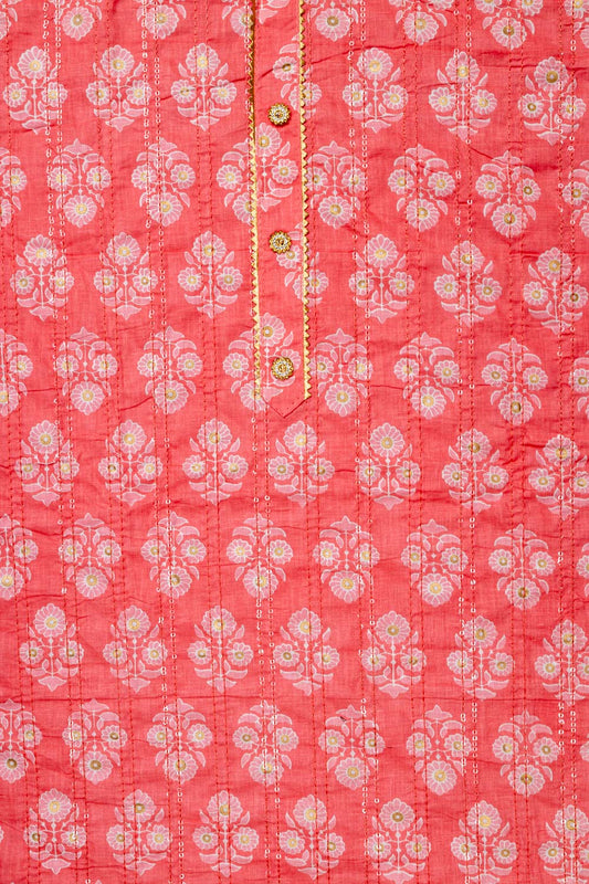 Peach Floral Printed Cotton Unstitched Suit With Dupatta