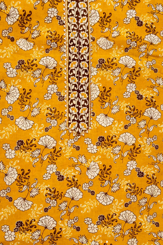 Mustard Floral Printed Cotton Unstitched Suit With Dupatta