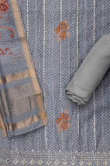 Grey Cotton Embroidered Unstitched Suit With Dupatta