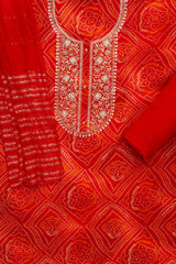 Rust Cotton Embroidered Unstitched Suit With Cotton Dupatta