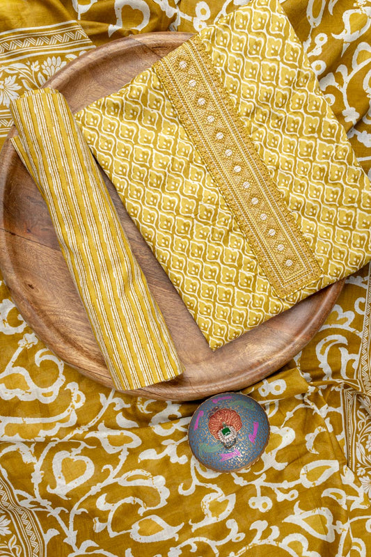 Yellow Digital Printed Cotton Unstitched Suit With Dupatta