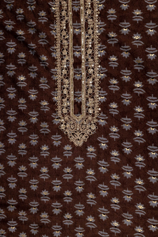 Brown Dola Embroidered Unstitched Suit With Dupatta