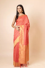 Coral Dolna Banarasi Woven Zari Saree With Unstitched Blouse