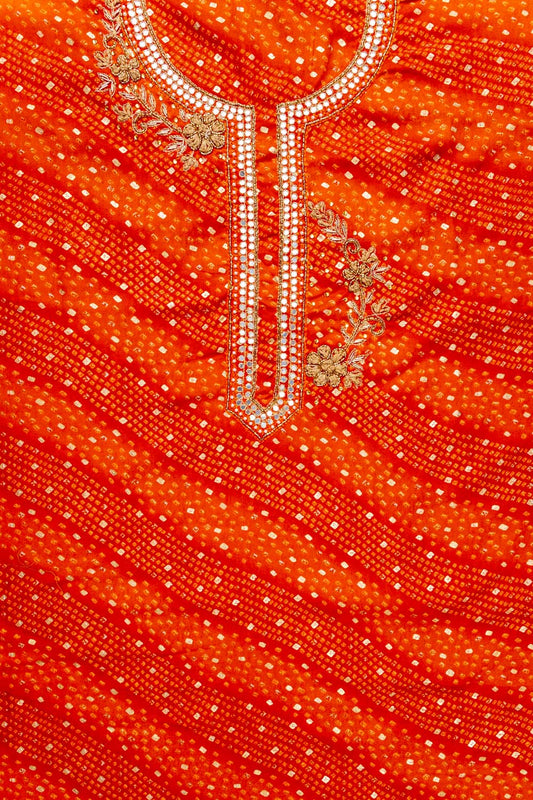 Orange Cotton Unstitched Suit With Chiffon Dupatta