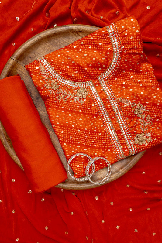 Orange Cotton Unstitched Suit With Chiffon Dupatta