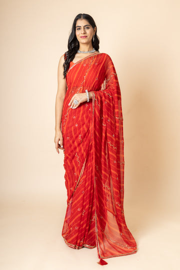 Red Georgette Swarovski Lehriya Print Saree With Unstitched Blouse