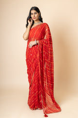 Red Georgette Swarovski Lehriya Print Saree With Unstitched Blouse