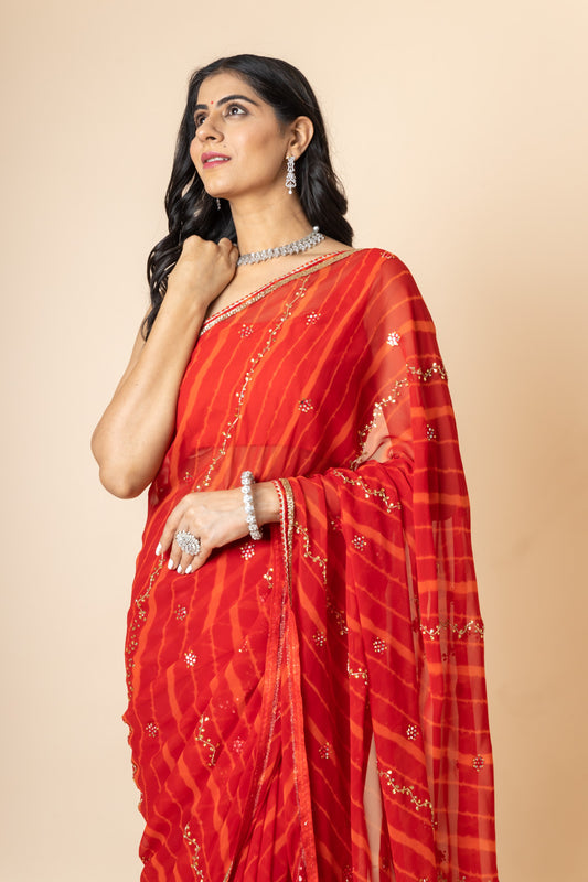 Red Georgette Swarovski Lehriya Print Saree With Unstitched Blouse