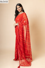 Red Georgette Swarovski Lehriya Print Saree With Unstitched Blouse