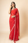 Red Georgette Swarovski Saree With Leheriya Print With Unstitched Blouse