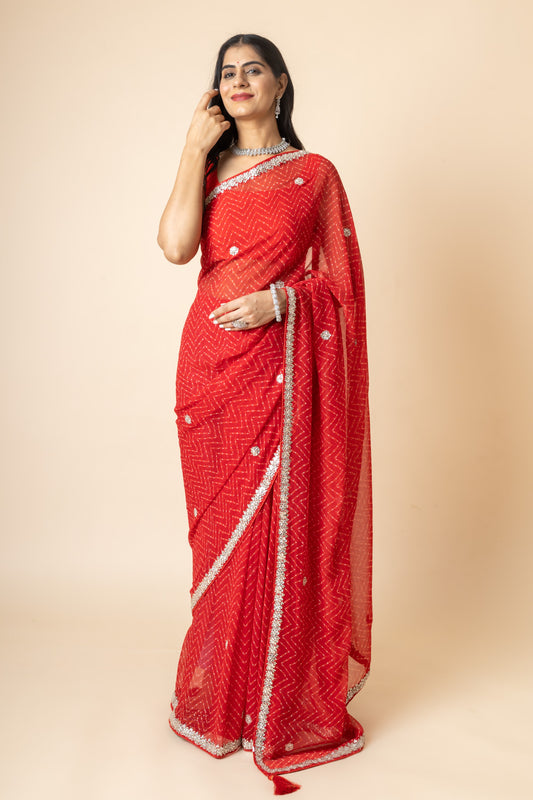 Red Georgette Swarovski Saree With Leheriya Print With Unstitched Blouse