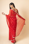 Red Georgette Swarovski Saree With Leheriya Print With Unstitched Blouse