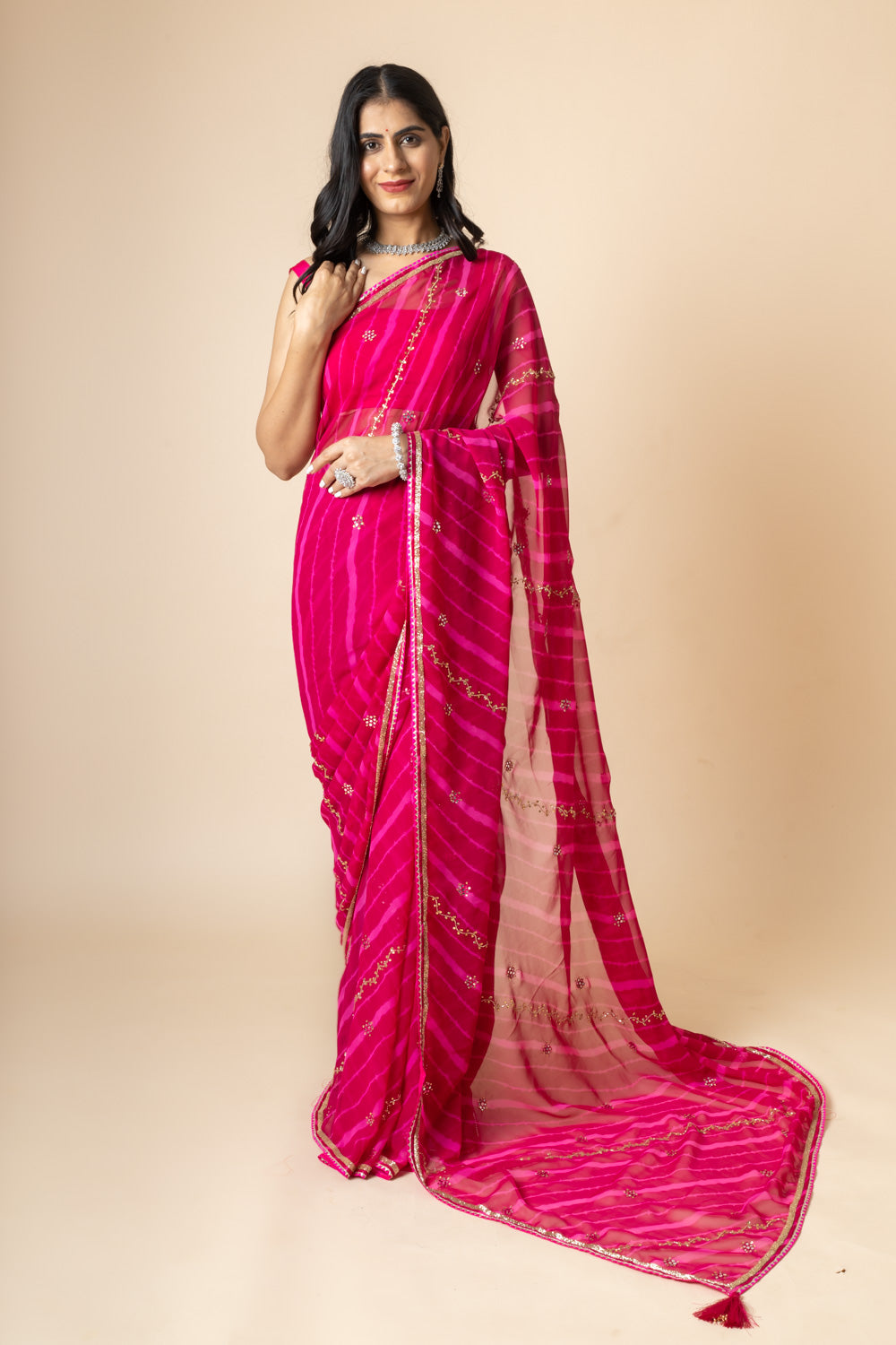 Rani Georgette Swarovski Lehriya Print Saree With Unstitched Blouse