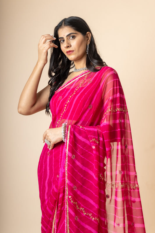 Rani Georgette Swarovski Lehriya Print Saree With Unstitched Blouse